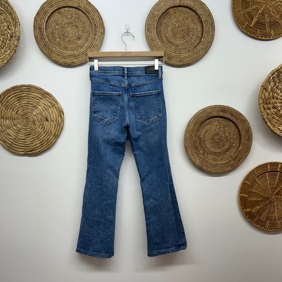 Express Blue Distressed Mid Rise Boot Cut Jeans Denim 2S 2 SHORT - Picture 2 of 5